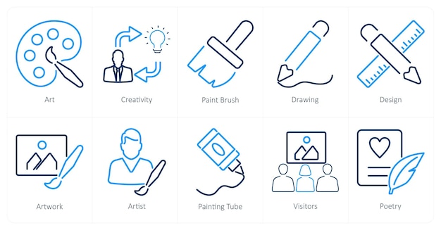 Un conjunto de 10 iconos de arte como pincel de creatividad artística