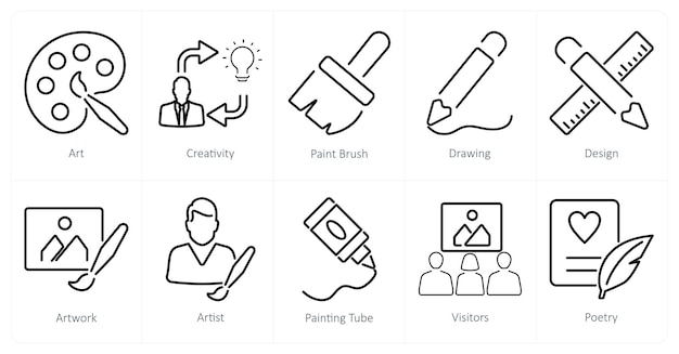 Un conjunto de 10 iconos de arte como pincel de creatividad artística