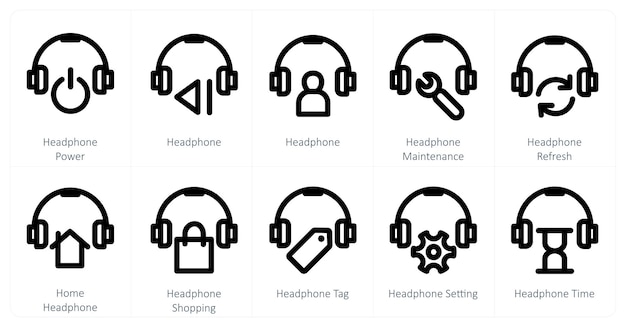 Un conjunto de 10 iconos de auriculares como el mantenimiento de la energía de los auriculares