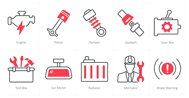 Un conjunto de 10 iconos de automóviles como amortiguador de pistón del motor
