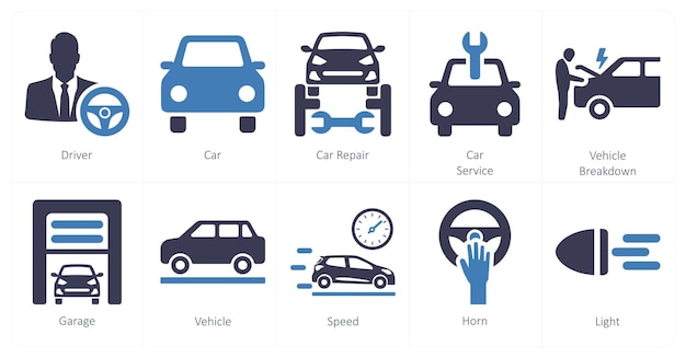 Un conjunto de 10 iconos de automóviles como conductor de automóviles de reparación de automóviles