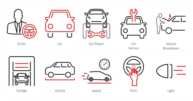 Un conjunto de 10 iconos de automóviles como conductor de automóviles de reparación de automóviles