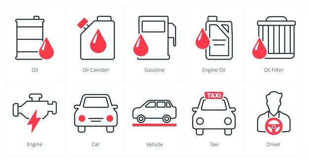 Un conjunto de 10 iconos de automóviles como gasolina de botella de aceite