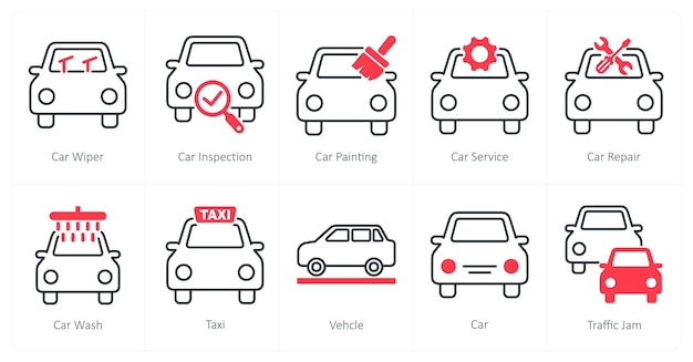 Un conjunto de 10 iconos de automóviles como limpiador de automóviles inspección de aparcamiento de automóviles