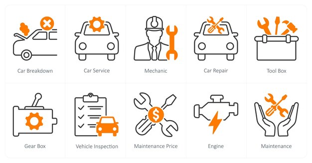 Un conjunto de 10 iconos de automóviles como mecánico de servicio de averías de automóviles