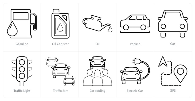 Un conjunto de 10 íconos de automóviles como un recipiente de aceite de gasolina