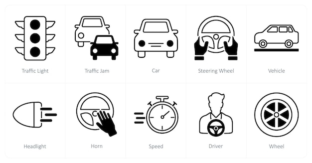 Un conjunto de 10 iconos de automóviles como semáforos de tráfico de automóviles