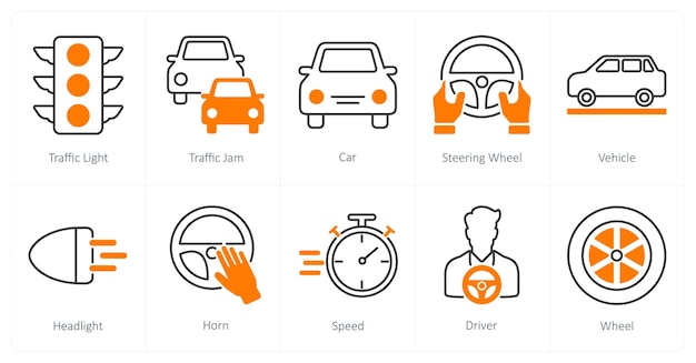 Un conjunto de 10 iconos de automóviles como semáforos de tráfico de automóviles