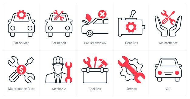 Un conjunto de 10 iconos de automóviles como servicio de automóviles reparación de automóviles avería de automóviles