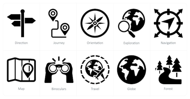 Un conjunto de 10 iconos de aventura como orientación de viaje de dirección