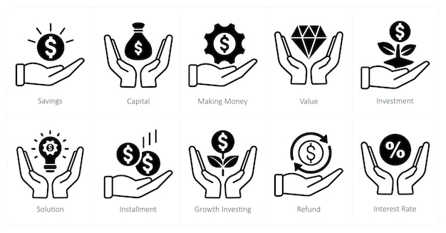 Un conjunto de 10 iconos bancarios como capital de ahorro para ganar dinero