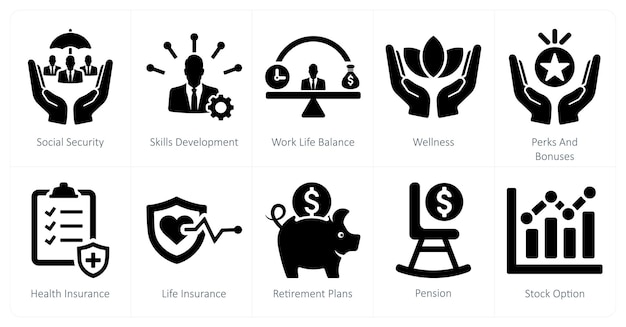 Un conjunto de 10 íconos de beneficios para empleados como el desarrollo de habilidades de seguridad social y el equilibrio entre la vida laboral y la vida personal