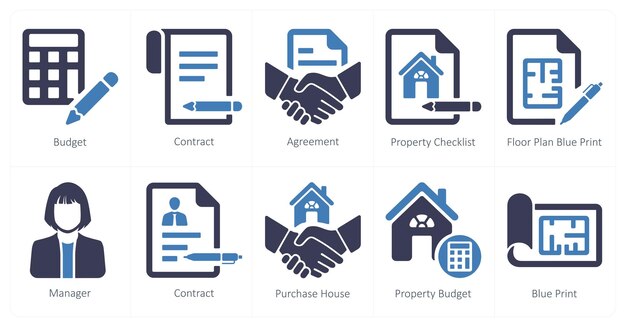 Un conjunto de 10 iconos de bienes raíces como acuerdo de contrato de presupuesto