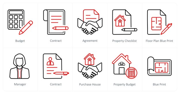 Un conjunto de 10 iconos de bienes raíces como acuerdo de contrato de presupuesto
