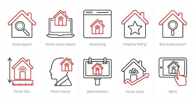 Un conjunto de 10 íconos de bienes raíces como búsqueda de hogar publicidad de búsqueda de hogar en línea