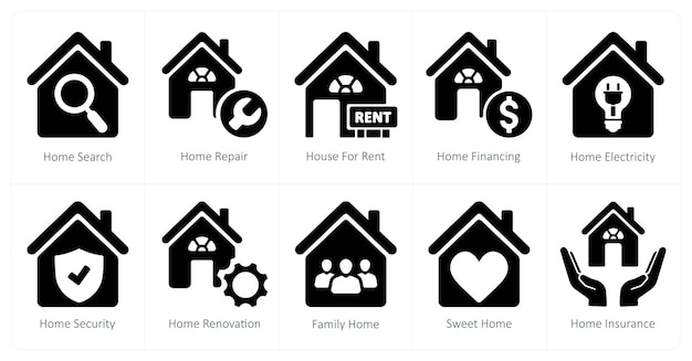 Un conjunto de 10 iconos de bienes raíces como casa búsqueda casa reparación casa para alquilar