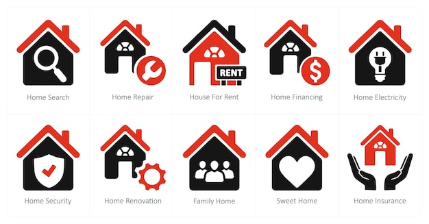 Un conjunto de 10 iconos de bienes raíces como casa búsqueda casa reparación casa para alquilar