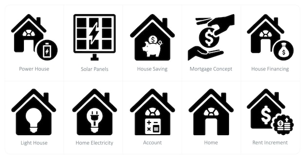 Un conjunto de 10 íconos de bienes raíces como energía de la casa paneles solares ahorro de la casa