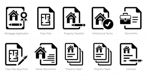 Un conjunto de 10 iconos de bienes raíces como lista de comprobación de propiedades de plano de piso de solicitud de hipoteca