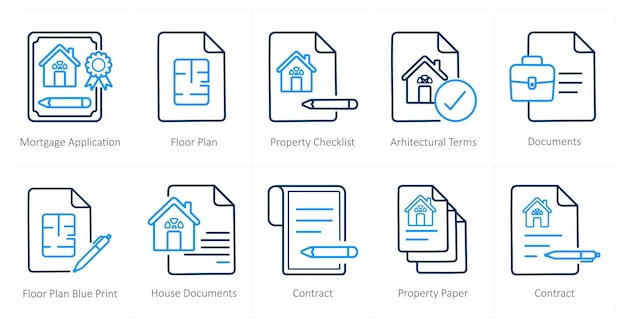 Un conjunto de 10 iconos de bienes raíces como lista de comprobación de propiedades de plano de piso de solicitud de hipoteca