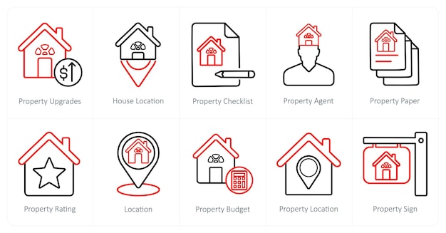 Un conjunto de 10 iconos de bienes raíces como mejoras de propiedad lista de comprobación de propiedad de ubicación de la casa