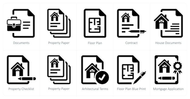 Un conjunto de 10 íconos de bienes raíces como plan de piso de papel de propiedad del documento