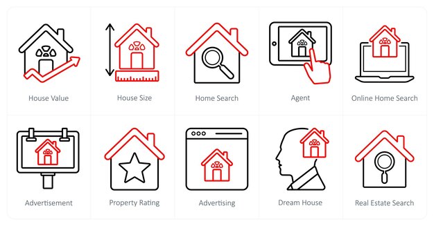 Un conjunto de 10 iconos de bienes raíces como presupuesto de lista de comprobación de propiedades de compra de casa