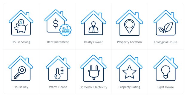 Un conjunto de 10 íconos de bienes raíces como propietario de bienes inmuebles que ahorra el incremento de la renta de la casa