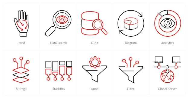 Un conjunto de 10 iconos de Big Data como auditoría de búsqueda de datos a mano