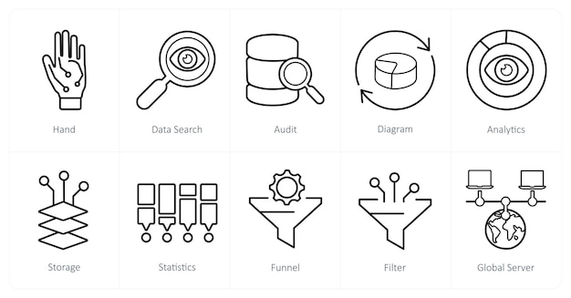 Un conjunto de 10 iconos de Big Data como auditoría de búsqueda de datos a mano