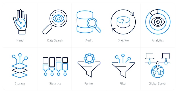 Un conjunto de 10 iconos de Big Data como auditoría de búsqueda de datos a mano