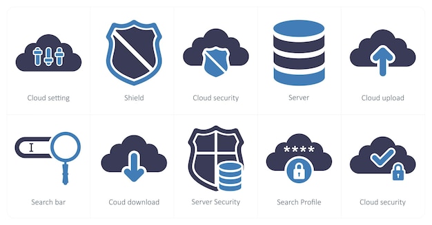 Un conjunto de 10 iconos de big data como configuración de nube escudo seguridad de nube