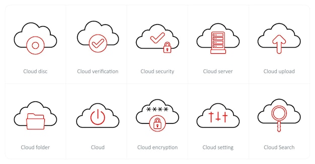 Un conjunto de 10 iconos de big data como disco de nube verificación de nube seguridad de nube