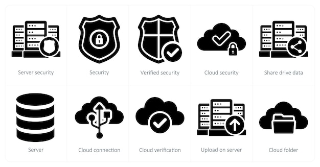 Un conjunto de 10 iconos de big data como seguridad del servidor seguridad verificada seguridad