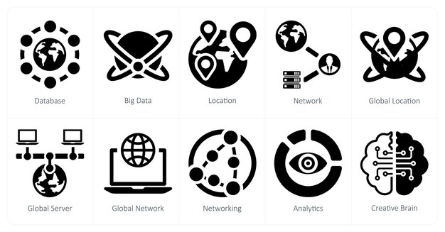 Un conjunto de 10 iconos de Big Data como ubicación de big data de la base de datos