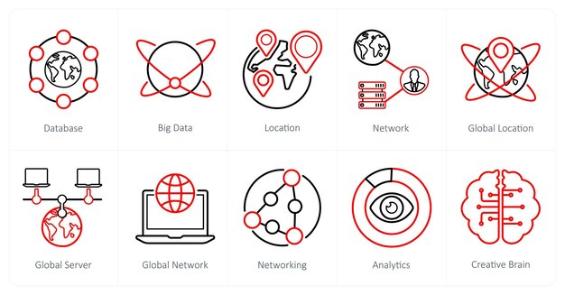 Un conjunto de 10 iconos de Big Data como ubicación de big data de la base de datos