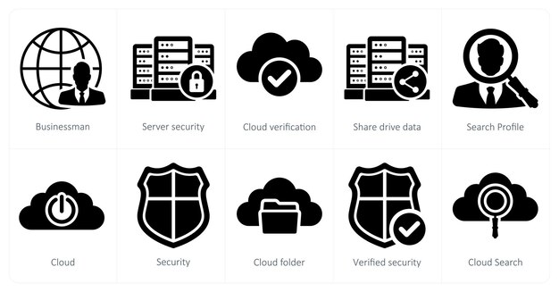 Un conjunto de 10 iconos de big data como verificación de seguridad de nube de servidor de empresarios