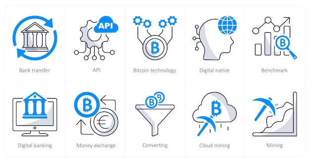 Un conjunto de 10 iconos de bitcoin como API de transferencia bancaria de tecnología bitcoin