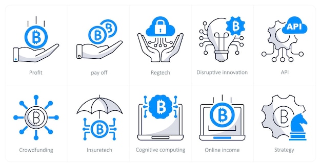 Un conjunto de 10 iconos de bitcoin como pago de ganancias de regtech