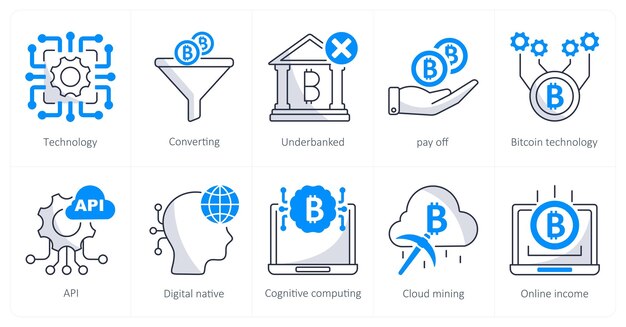 Un conjunto de 10 íconos de Bitcoin como tecnología de conversión subbancarizada
