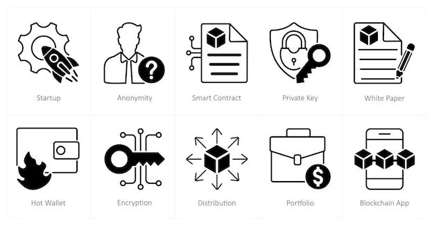 Un conjunto de 10 iconos de Blockchain como contrato inteligente de anonimato de inicio