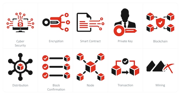 Un conjunto de 10 iconos de blockchain como contrato inteligente de encriptación de seguridad cibernética