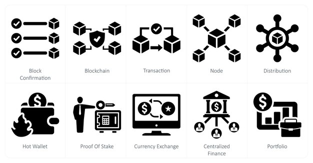 Un conjunto de 10 íconos de blockchain como transacción de confirmación de bloque de bloque