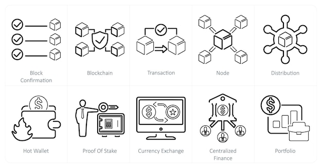 Un conjunto de 10 íconos de blockchain como transacción de confirmación de bloque de bloque