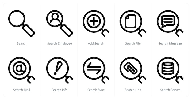Un conjunto de 10 iconos de búsqueda como búsqueda empleado de búsqueda agregar búsqueda