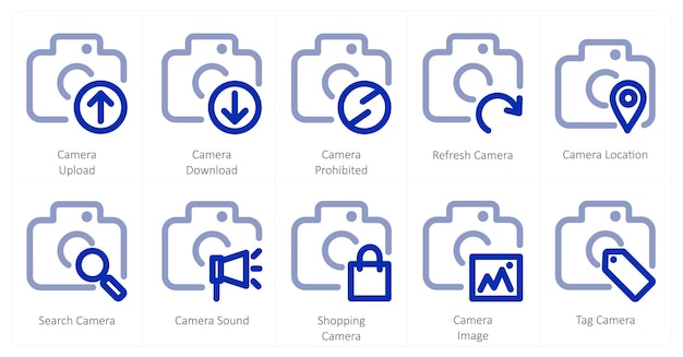 Un conjunto de 10 iconos de la cámara como cámara subir cámara descargar cámara prohibido