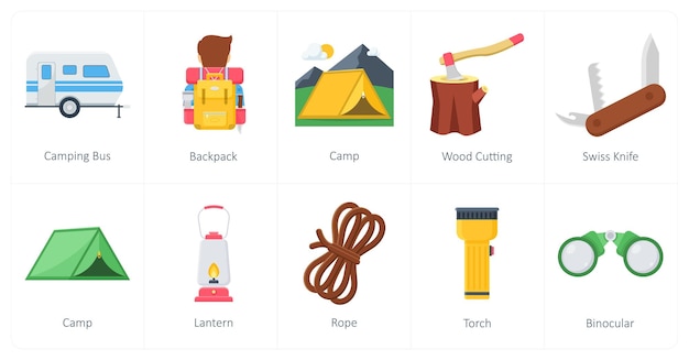 Un conjunto de 10 íconos de campamento como campamento de autobús mochila campamento
