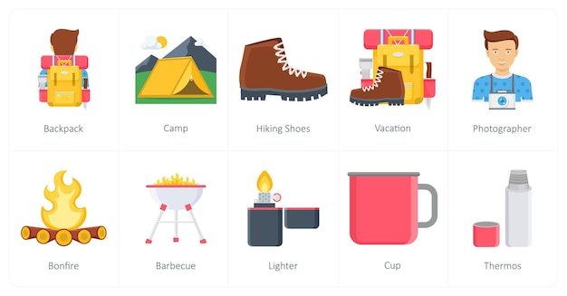 Un conjunto de 10 íconos de campamento como zapatos de senderismo de campamento de mochila
