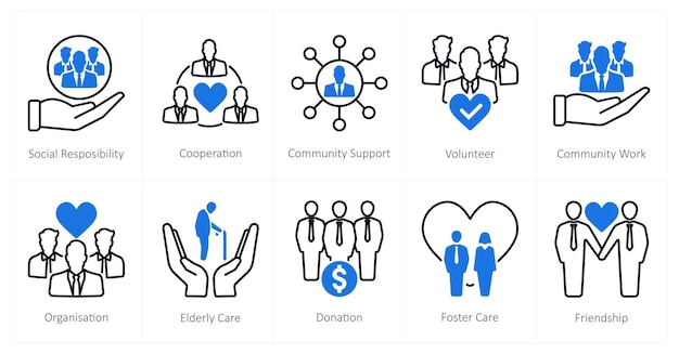Un conjunto de 10 iconos de caridad y donación como apoyo comunitario de cooperación de responsabilidad social