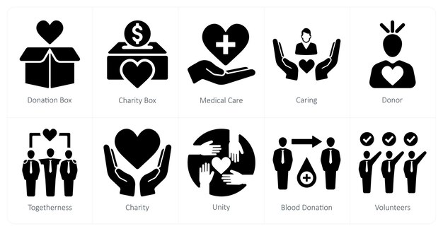 Un conjunto de 10 íconos de caridad y donación como caja de donación caja de caridad atención médica